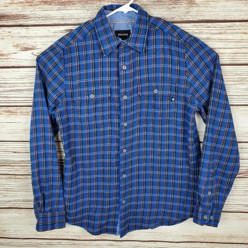 Marmot Mens Small Blue Plaid Long Sleeve Flannel Button Down Shirt